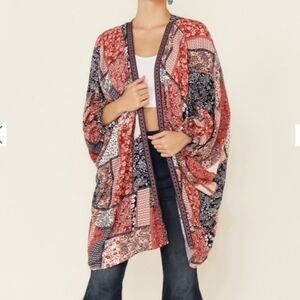 Ariat Red Patchwork Three Quarter Sleeve Boho Beth Kimono Wrap Cardigan, S/M